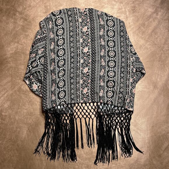 Sugarlips Floral Paisley Open Front Fringe Cardigan Black Cream Boho Shabby Chic - Picture 2 of 8